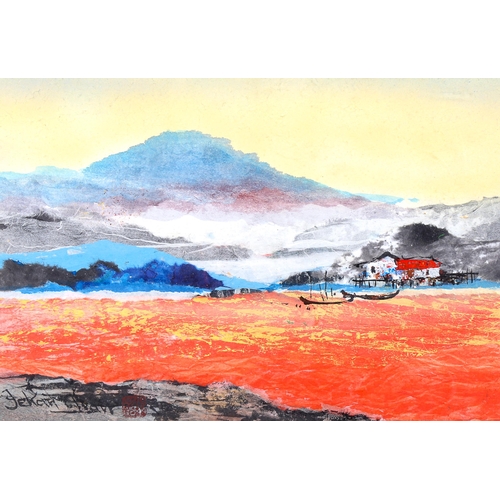 1650 - J Chan, mixed media painting, Chinese landscape, indistinctly signed, 25cm x 35cm, framed