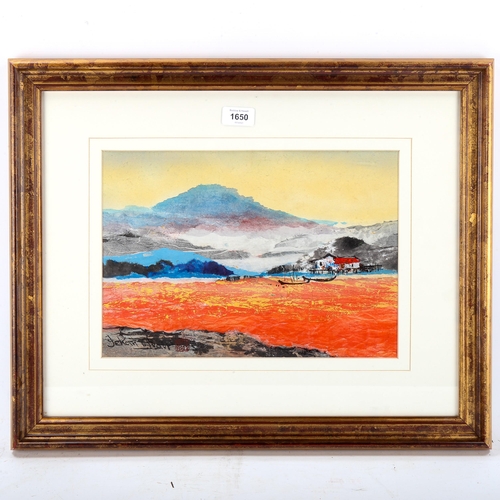 1650 - J Chan, mixed media painting, Chinese landscape, indistinctly signed, 25cm x 35cm, framed