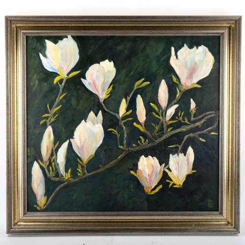 1651 - Contemporary oil on board, magnolia flowers, signed with monogram, 50cm x 53cm, framed