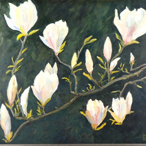 1651 - Contemporary oil on board, magnolia flowers, signed with monogram, 50cm x 53cm, framed