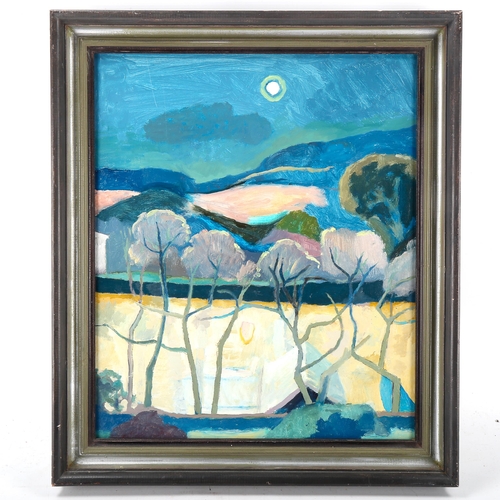 1654 - Sir Norman Reid (1915 - 2007), oil on board, full moon, 1990, Exhibition labels verso, 45cm x 38cm, ... 