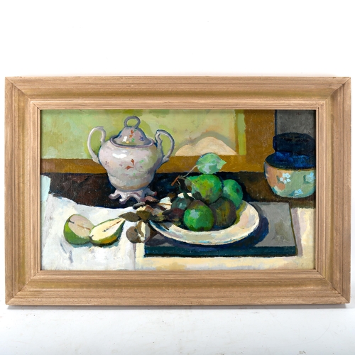 1655 - Sir Norman Reid (1915 - 2007), oil on board, cut pear, Exhibition label verso, 35cm x 60cm, framed