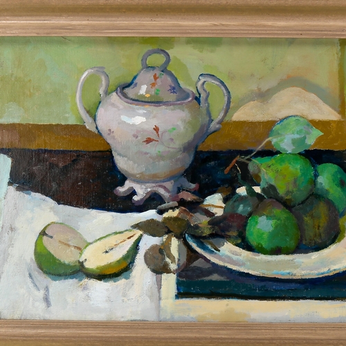 1655 - Sir Norman Reid (1915 - 2007), oil on board, cut pear, Exhibition label verso, 35cm x 60cm, framed