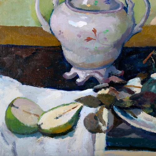 1655 - Sir Norman Reid (1915 - 2007), oil on board, cut pear, Exhibition label verso, 35cm x 60cm, framed