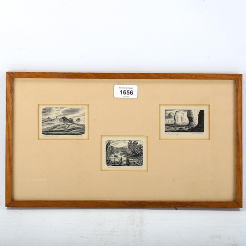 1656 - Joan Hassall, 3 miniature wood engravings, mounted in common frame, all signed in pencil, overall fr... 