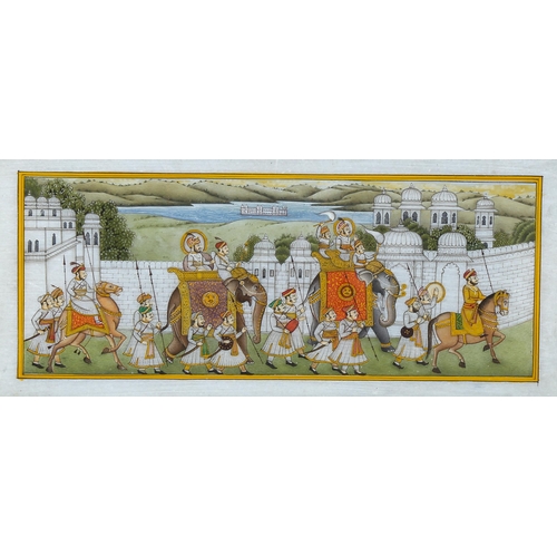 1659 - Indian School, paint with gilding on stone, procession with elephants, sheet size 10cm x 23cm, frame... 