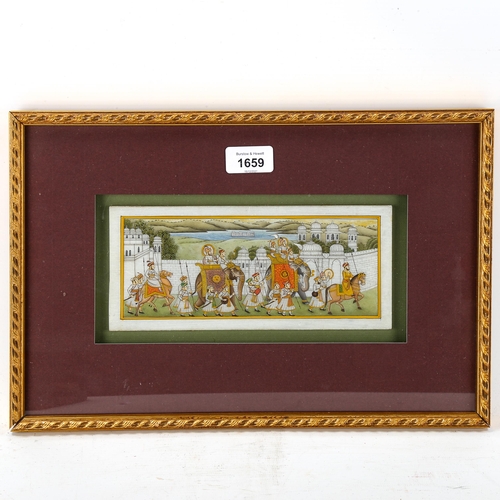 1659 - Indian School, paint with gilding on stone, procession with elephants, sheet size 10cm x 23cm, frame... 