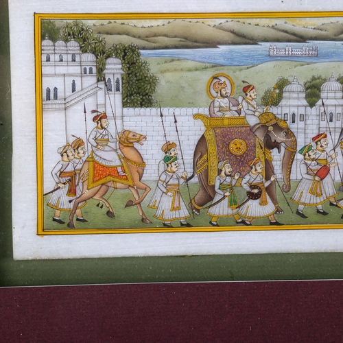 1659 - Indian School, paint with gilding on stone, procession with elephants, sheet size 10cm x 23cm, frame... 