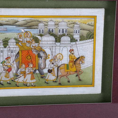 1659 - Indian School, paint with gilding on stone, procession with elephants, sheet size 10cm x 23cm, frame... 