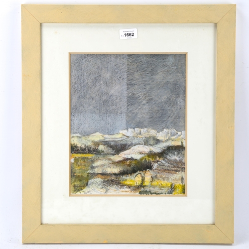 1662 - Mixed media on paper, landscape, indistinctly signed, 31cm x 25cm, and Kenneth Leech, print, hedgero... 