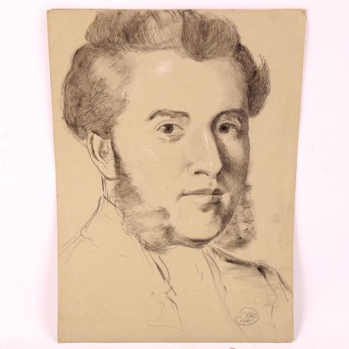 1666 - G H Blackburn, 2 x 19th century charcoal portrait sketches, signed with monograms, 35cm x 25cm, unfr... 