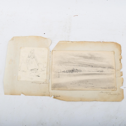 1668 - Robert Landells (1833 - 1877), 2 pencil studies, 1 of an Irish woman at Killarney, and another of Bo... 