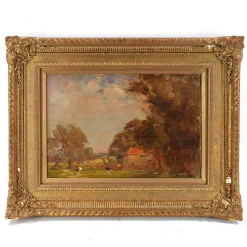 1672 - Early 20th century British School, oil on canvas, pastoral landscape, indistinctly signed, 25cm x 35... 