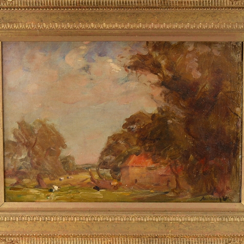 1672 - Early 20th century British School, oil on canvas, pastoral landscape, indistinctly signed, 25cm x 35... 