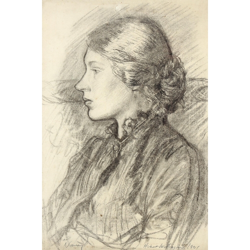 1676 - Hubert Wellington (1879 - 1967), charcoal portrait of Nancy 1901, signed, 44cm x 30cm, framed