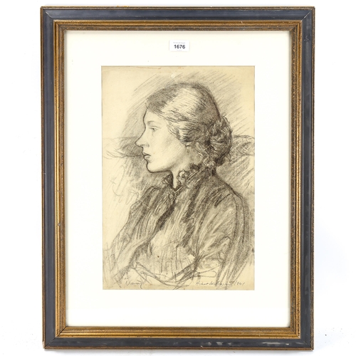 1676 - Hubert Wellington (1879 - 1967), charcoal portrait of Nancy 1901, signed, 44cm x 30cm, framed