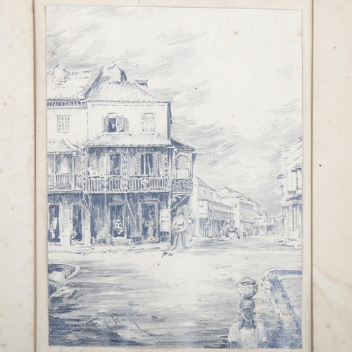 1680 - Barbados/Caribbean interest, 3 pencil drawings, detailed street scenes, late 19th/early 20th century... 