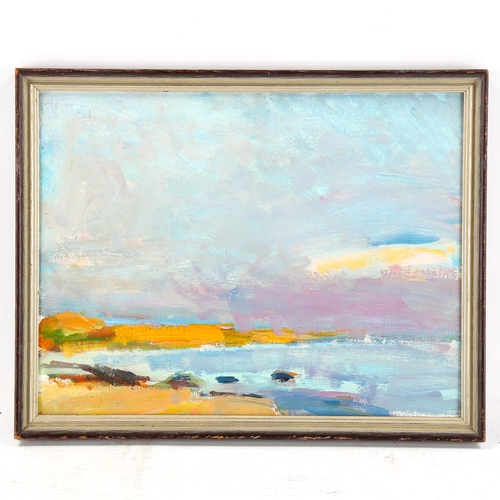 1686 - Beatrice Langdon, oil on board, seascape Dorset, 1967, inscribed verso, 25cm x 31cm, framed