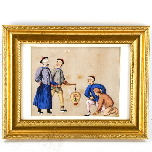 1691 - 19th century Chinese watercolour on rice paper, group of men, unsigned, 11cm x 14cm, framed