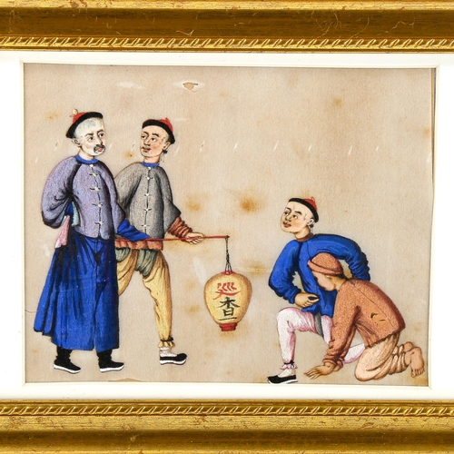 1691 - 19th century Chinese watercolour on rice paper, group of men, unsigned, 11cm x 14cm, framed