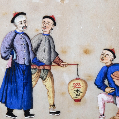 1691 - 19th century Chinese watercolour on rice paper, group of men, unsigned, 11cm x 14cm, framed