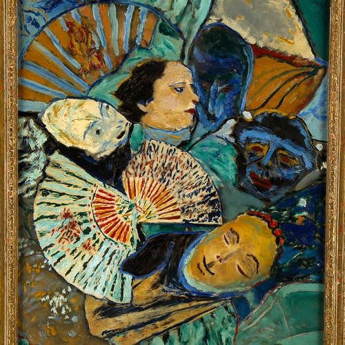 1692 - Oriental School, oil on paper, abstract heads and fans, unsigned, 36cm x 28cm, framed