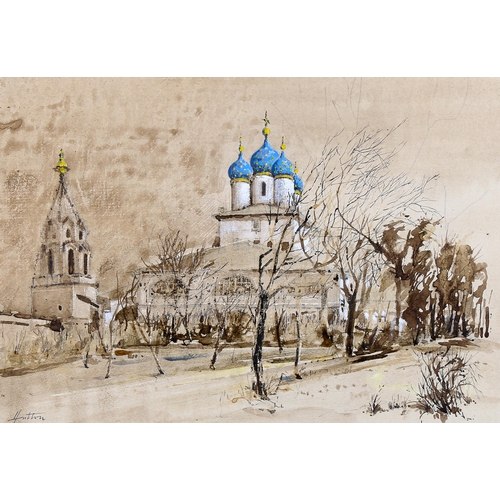 1700 - Ralph Hutton, watercolour, European church buildings, signed, 28cm x 40cm, mounted