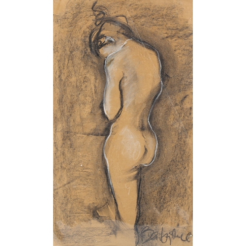 1702 - Charcoal/chalk on brown paper, female nude, indistinctly signed, 49cm x 28cm, mounted