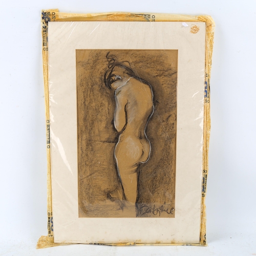 1702 - Charcoal/chalk on brown paper, female nude, indistinctly signed, 49cm x 28cm, mounted