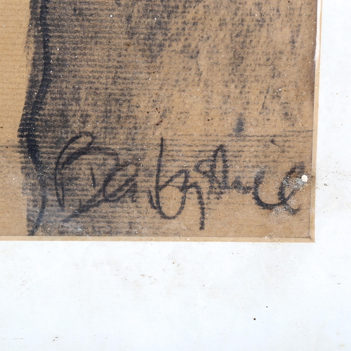 1702 - Charcoal/chalk on brown paper, female nude, indistinctly signed, 49cm x 28cm, mounted