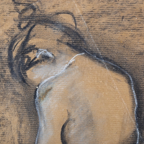 1702 - Charcoal/chalk on brown paper, female nude, indistinctly signed, 49cm x 28cm, mounted