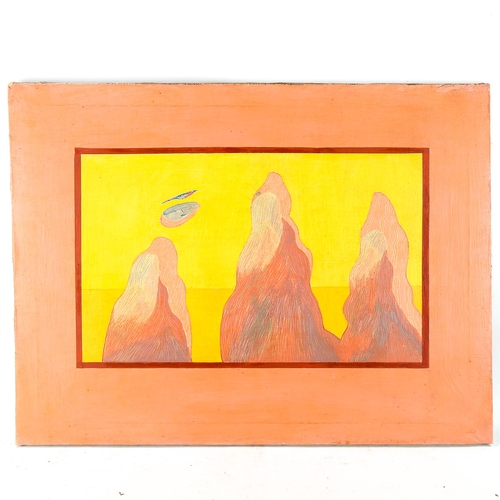 1703 - Oil on canvas, abstract mountain forms, illegible handwritten label verso, 60cm x 80cm, unframed