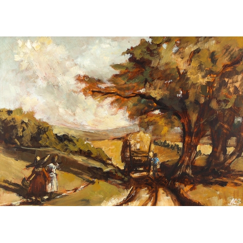 1718 - Mid-20th century oil on board, hay cart, signed with monogram, 45cm x 62cm, framed