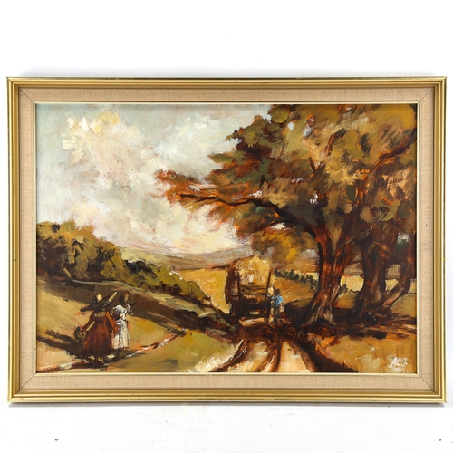 1718 - Mid-20th century oil on board, hay cart, signed with monogram, 45cm x 62cm, framed