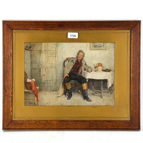 1726 - Frank Brooks, watercolour, man smoking a pipe, signed and dated '91, 25cm x 34cm, framed