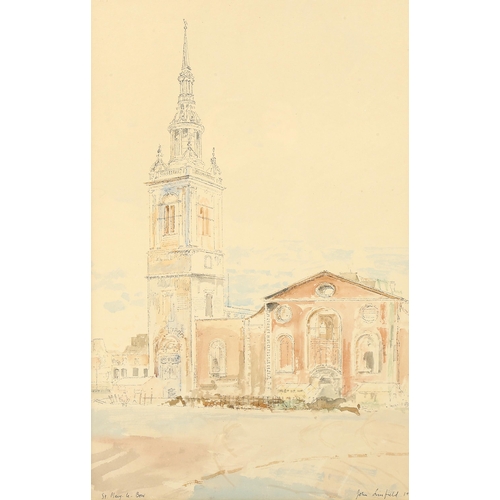 1728 - John Linfield, watercolour, St Mary Le Bow, signed and dated 1955, 46cm x 30cm, framed