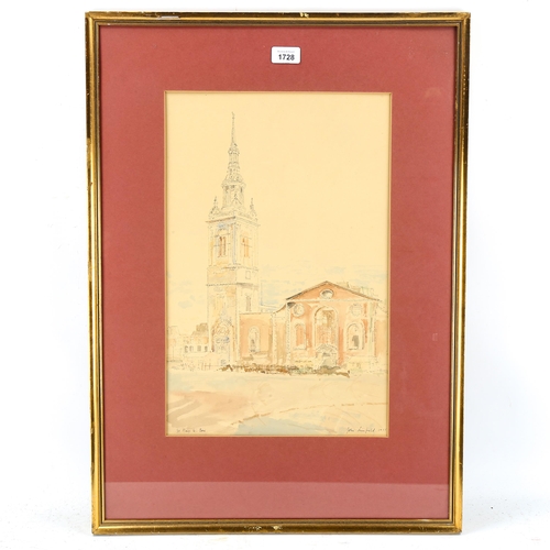 1728 - John Linfield, watercolour, St Mary Le Bow, signed and dated 1955, 46cm x 30cm, framed