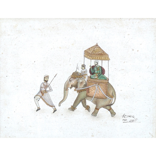 1733 - Indian School, 3 small watercolours with gilding on paper, elephant studies and a temple, framed (3)