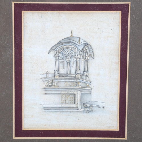 1733 - Indian School, 3 small watercolours with gilding on paper, elephant studies and a temple, framed (3)