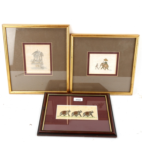 1733 - Indian School, 3 small watercolours with gilding on paper, elephant studies and a temple, framed (3)