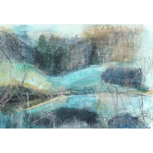 1734 - Heather Clarke, mixed media on paper, abstract landscape, signed, 27cm x 37cm, framed