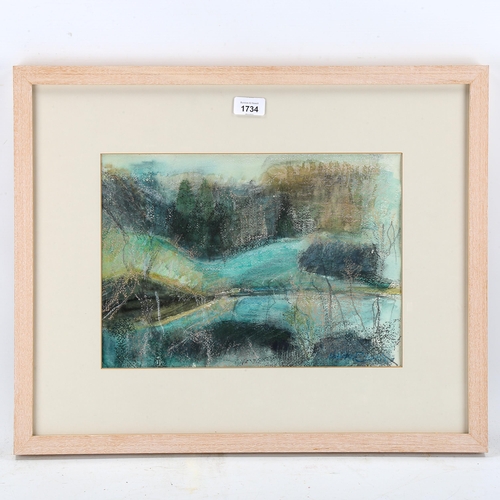 1734 - Heather Clarke, mixed media on paper, abstract landscape, signed, 27cm x 37cm, framed