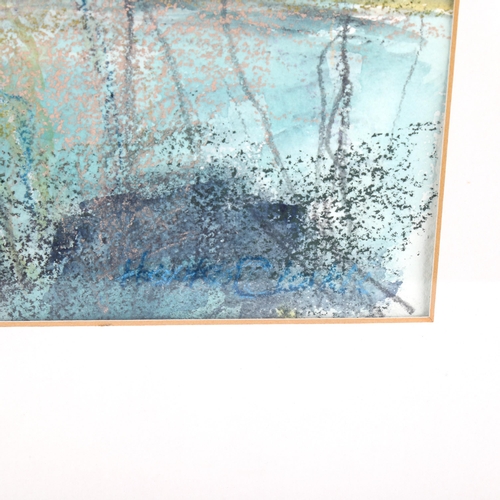 1734 - Heather Clarke, mixed media on paper, abstract landscape, signed, 27cm x 37cm, framed