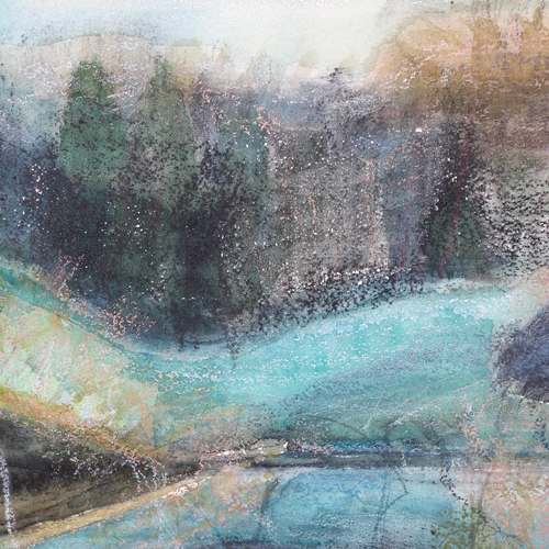 1734 - Heather Clarke, mixed media on paper, abstract landscape, signed, 27cm x 37cm, framed