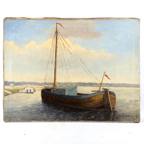 1735 - Carl Ackens, oil on canvas, barge on the estuary, signed and dated 1937, 60cm x 80cm, unframed