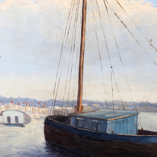 1735 - Carl Ackens, oil on canvas, barge on the estuary, signed and dated 1937, 60cm x 80cm, unframed