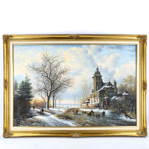 1737 - Contemporary oil on canvas, Continental winter river scene, signed R Heimann, 60cm x 90cm, framed