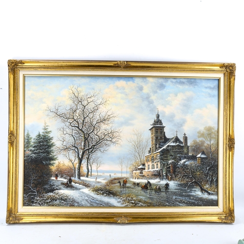 1737 - Contemporary oil on canvas, Continental winter river scene, signed R Heimann, 60cm x 90cm, framed