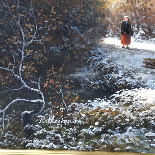 1737 - Contemporary oil on canvas, Continental winter river scene, signed R Heimann, 60cm x 90cm, framed