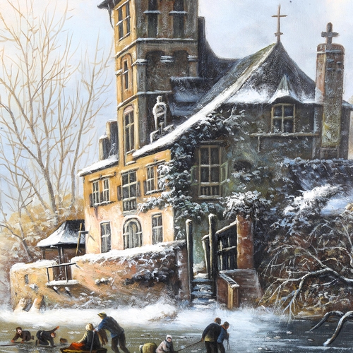 1737 - Contemporary oil on canvas, Continental winter river scene, signed R Heimann, 60cm x 90cm, framed